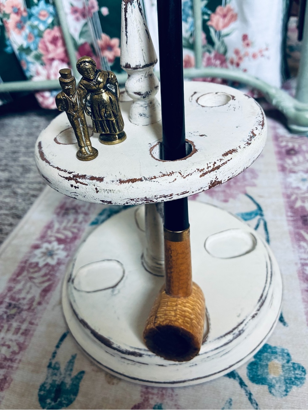 Vintage Cream Two-Tier Display Stand with Brass Figurines bundle